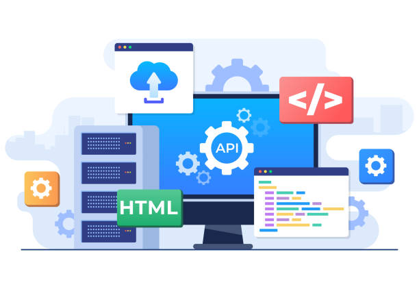 application programming interface concept, api provides the interface for communication between applications, software development tool, internet and networking, simplifying application integration - 系統(tǒng)軟件 幅插畫檔、美工圖案、卡通及圖標