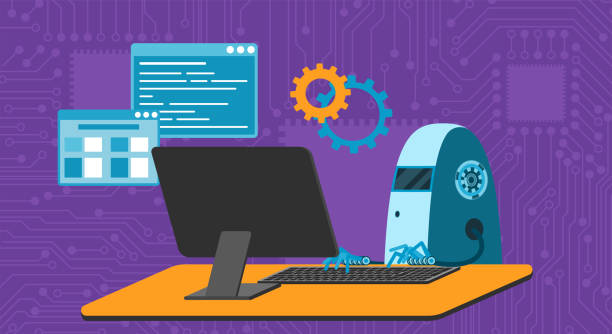automated work of software, business project development, robot using keyboard at table - 系統(tǒng)軟件開發(fā) 幅插畫檔、美工圖案、卡通及圖標(biāo)