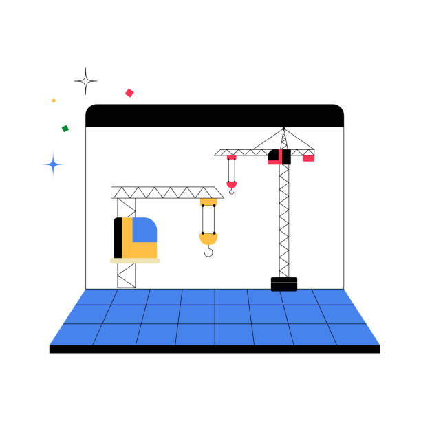 construction cranes on a computer screen in flat vector illustration symbolizing digital infrastructure, online construction tools, and modern technology, isolated on white background - 網(wǎng)站門戶平臺(tái)搭建 幅插畫檔、美工圖案、卡通及圖標(biāo)